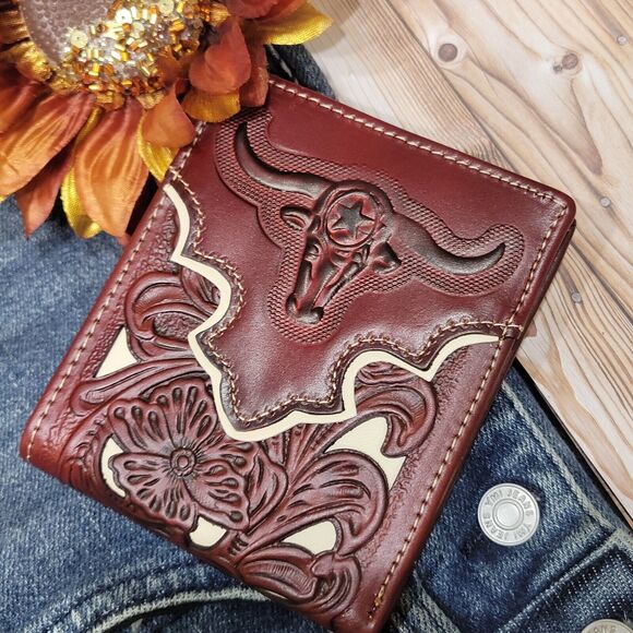 Longhorn Western Wallet Lasercut Leather Floral Cutout Cowboy Bifold Texas Style